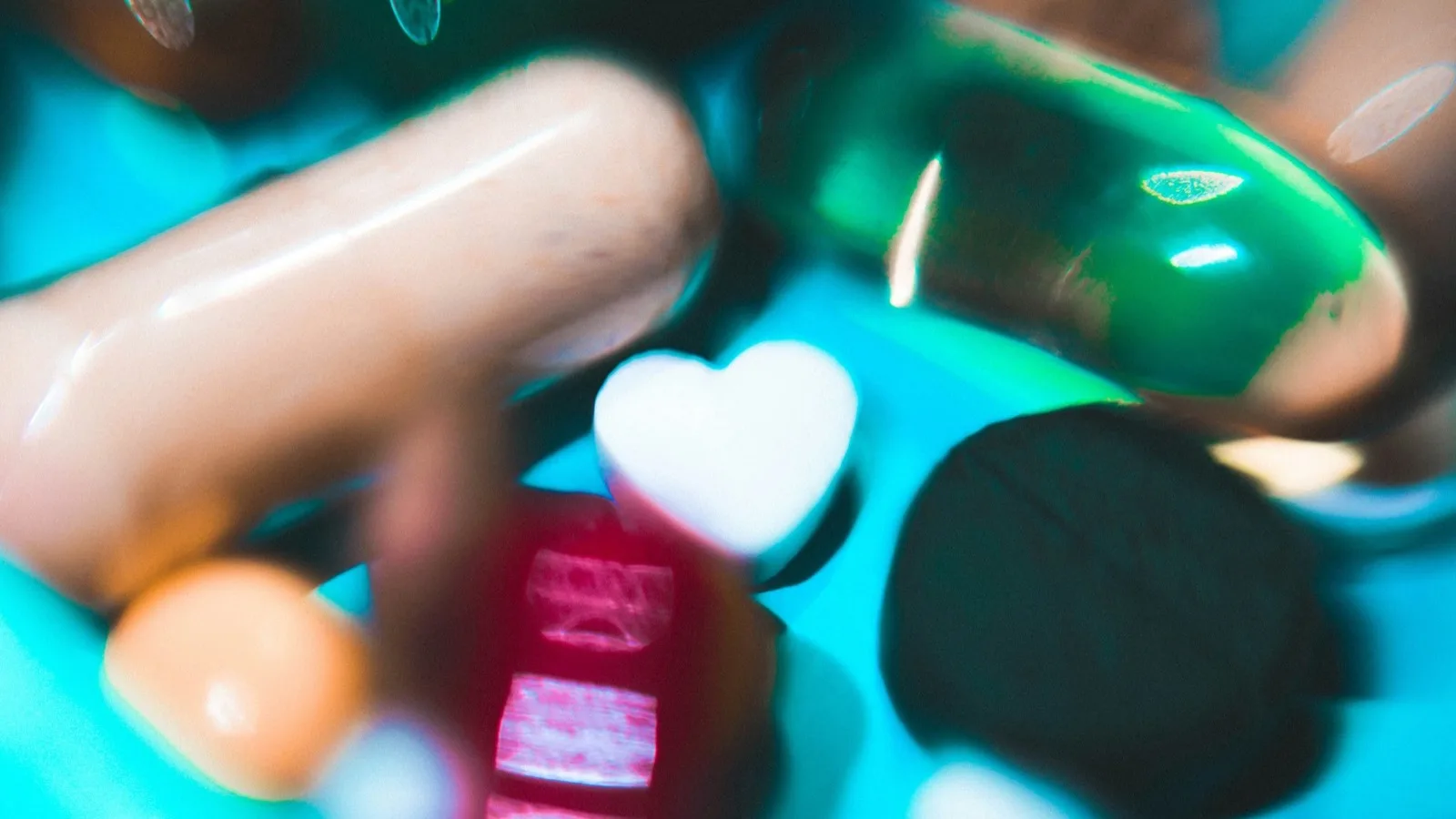 A close-up of assorted pills and supplement bottles.