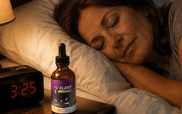 A Yu Sleep bottle on a nightstand next to a clock that reads 3:25