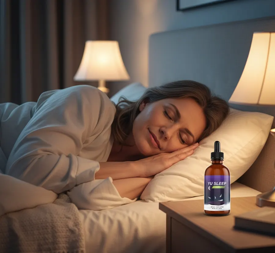 A woman asleep in a lamp-lit bedroom with a bottle of Yu Sleep on the bedside table.