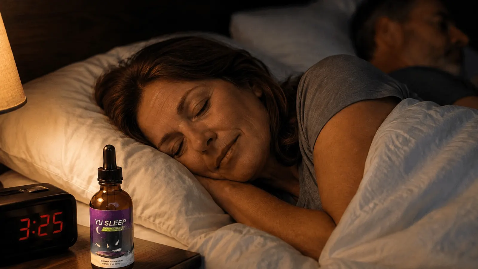 A woman in her fifties asleep beside her partner, with a bottle of Yu Sleep on the nightstand and the clock reading 3:25.